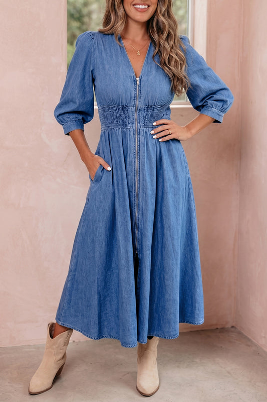 Blue V Neck Shirred Waist Metal Zipper Denim Midi Dress-Dresses/Midi Dresses-[Adult]-[Female]-Blue-S-2022 Online Blue Zone Planet