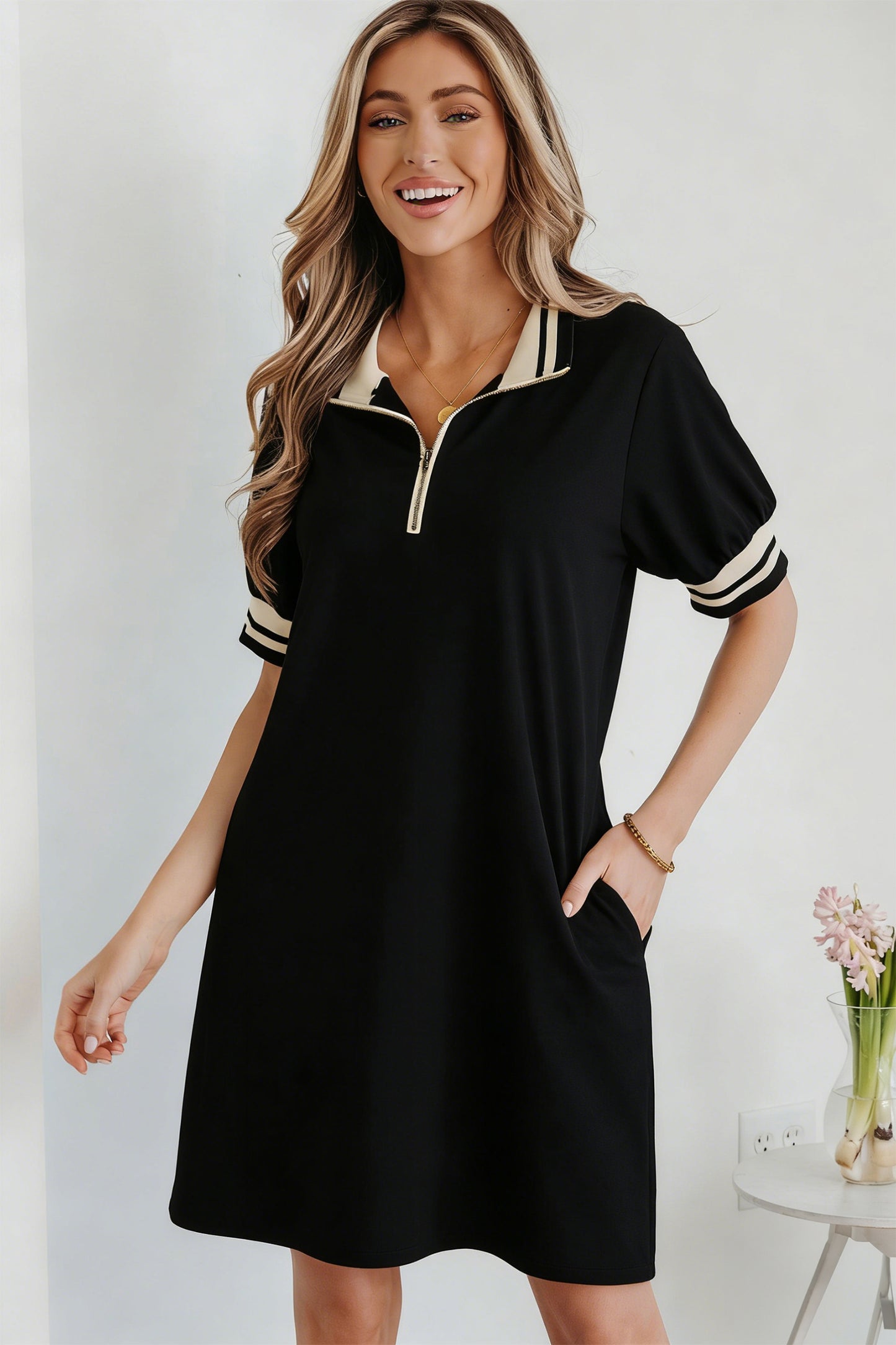 Black Striped Webbing Trim Preppy Polo Tee Dress-Dresses/T Shirt Dresses-[Adult]-[Female]-2022 Online Blue Zone Planet