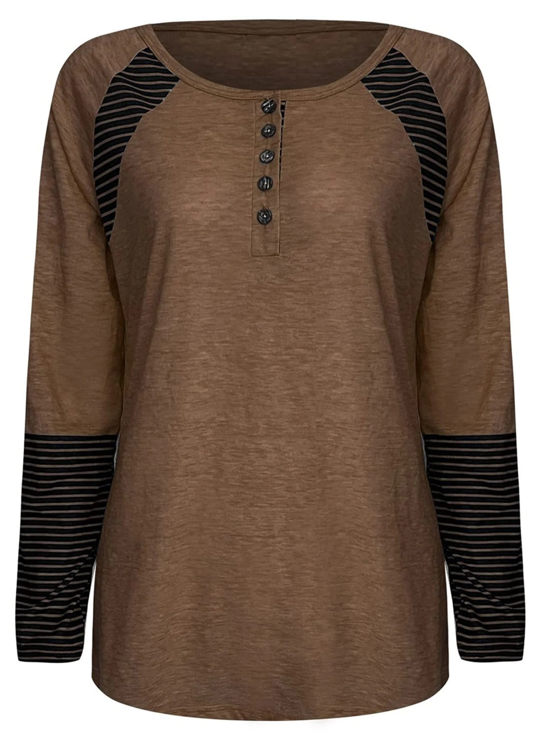 Full Size Striped Quarter Button Long Sleeve T-Shirt-TOPS / DRESSES-[Adult]-[Female]-2022 Online Blue Zone Planet