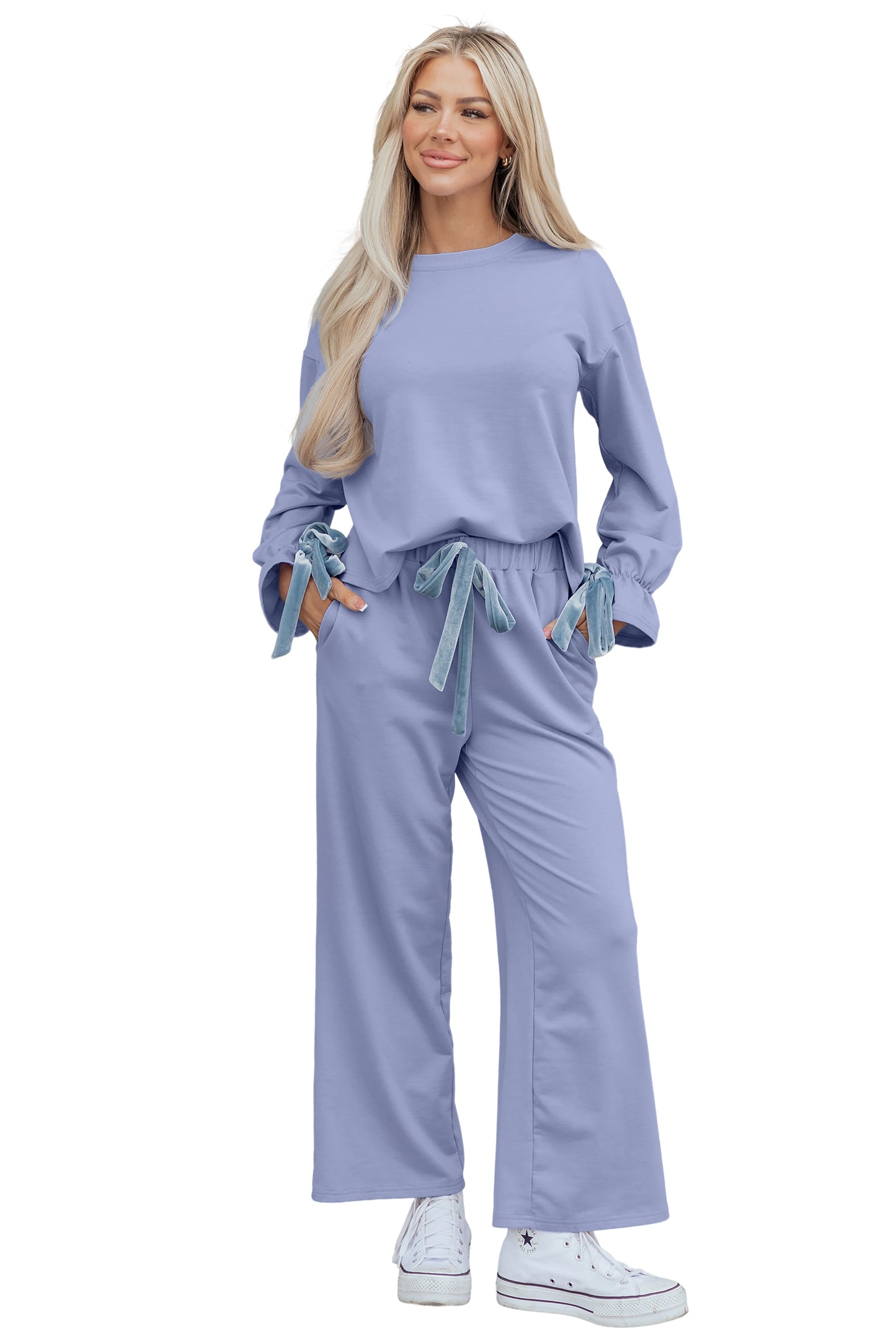 Beau Blue Flounce Long Sleeve Top Drawstring Pants Contrast Velvet Bow Knot 2pcs Lounge Set-Loungewear & Sleepwear/Loungewear-[Adult]-[Female]-2022 Online Blue Zone Planet
