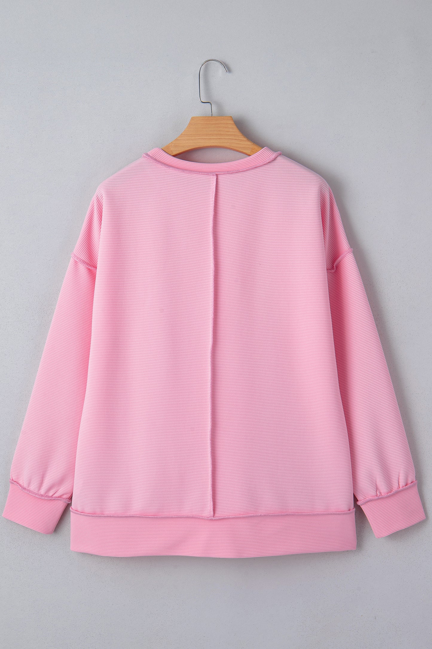 Pink Horizontal Ribbed Exposed Seam Detail Drop Shoulder Baggy Pullover-Tops/Long Sleeve Tops-[Adult]-[Female]-2022 Online Blue Zone Planet