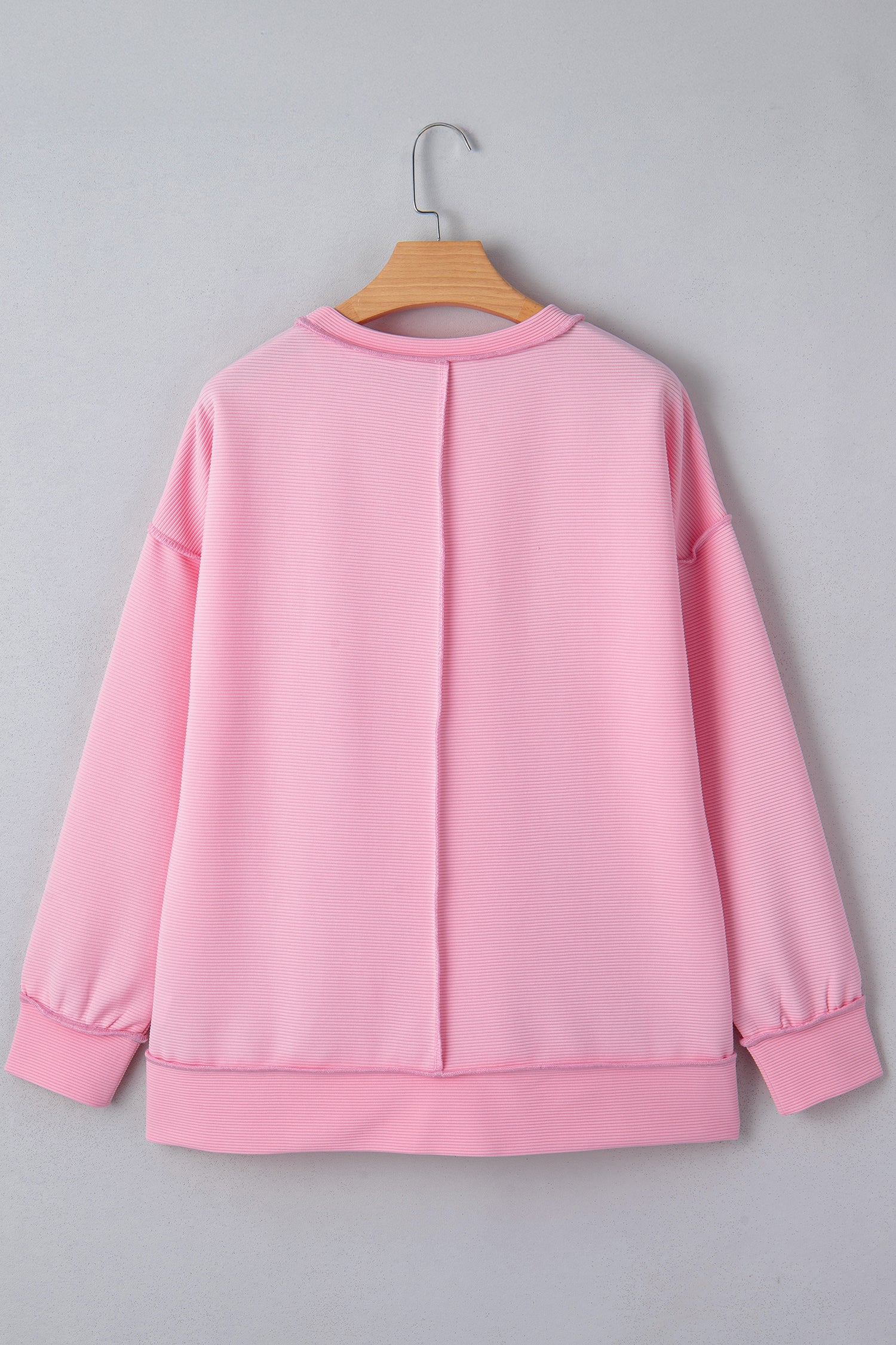 Pink Horizontal Ribbed Exposed Seam Detail Drop Shoulder Baggy Pullover-Tops/Long Sleeve Tops-[Adult]-[Female]-2022 Online Blue Zone Planet