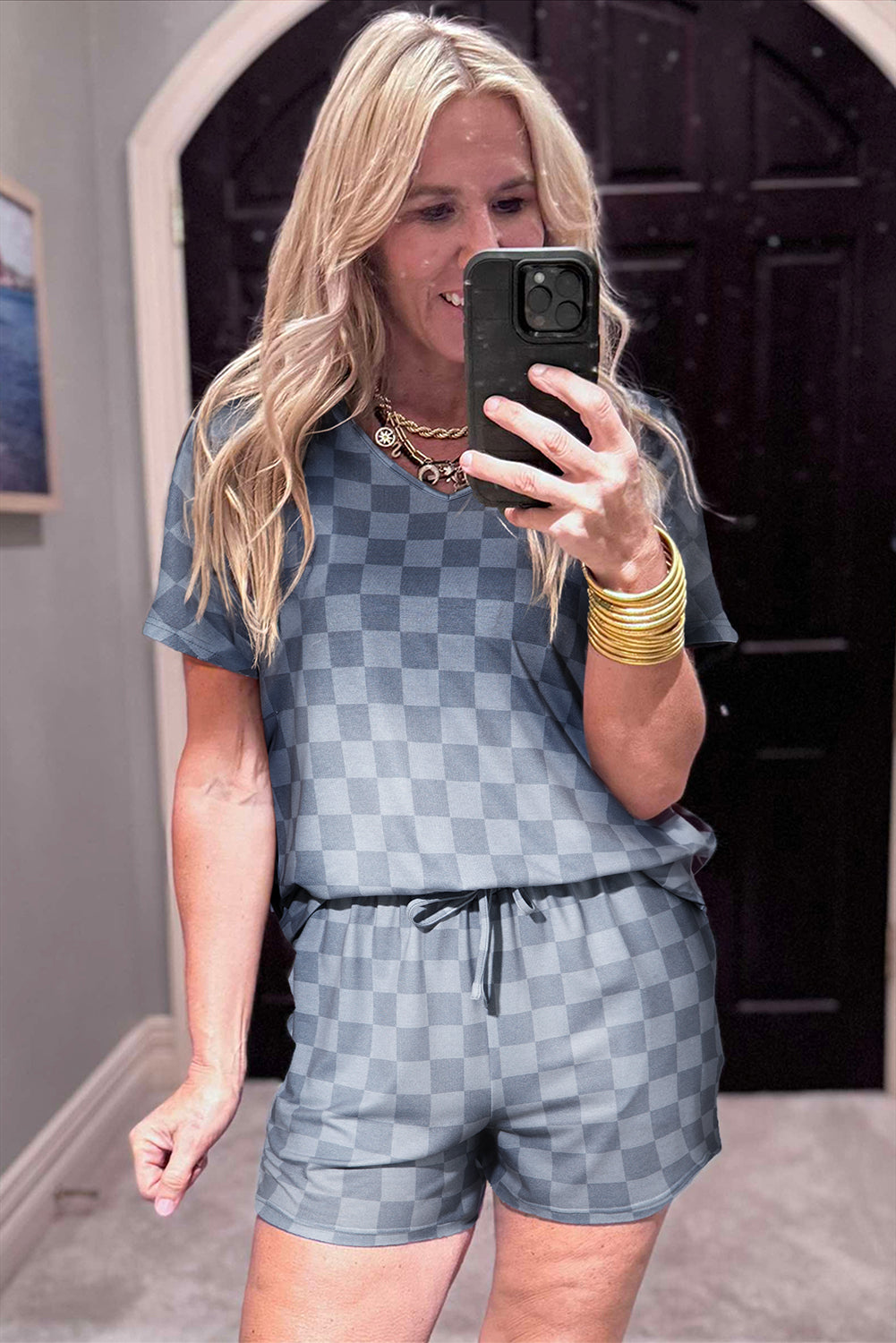 Gray Checkered V Neck Tee Drawstring Shorts Lounge Set-Loungewear & Sleepwear/Loungewear-[Adult]-[Female]-2022 Online Blue Zone Planet