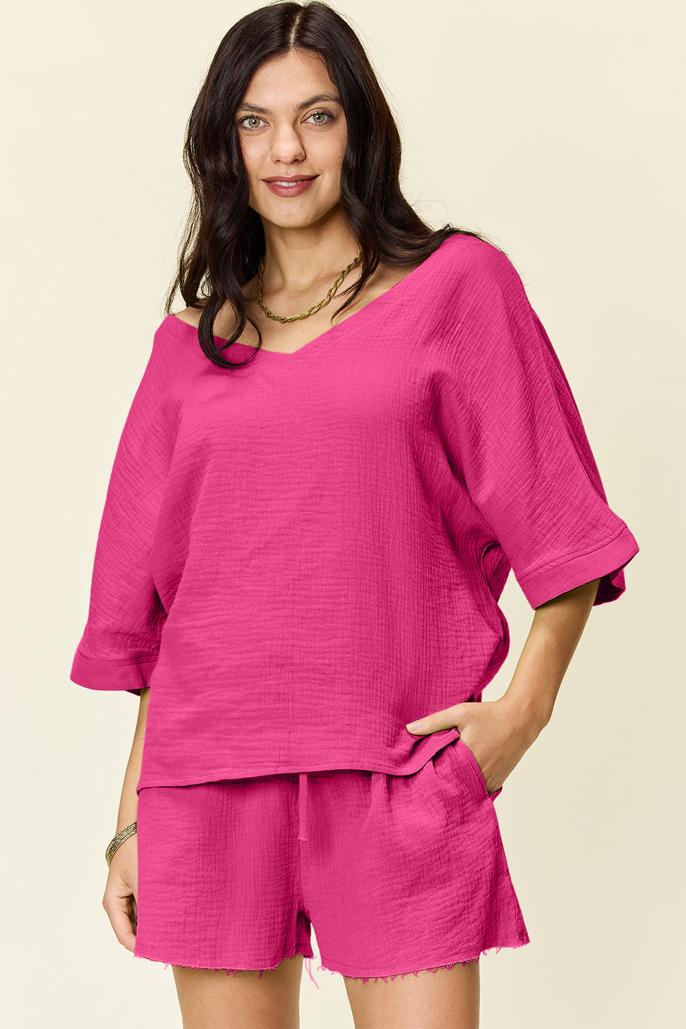 Blue Zone Planet | Double Take Texture Half Sleeve T-Shirt and Drawstring Shorts Set-TOPS / DRESSES-[Adult]-[Female]-Hot Pink-S-2022 Online Blue Zone Planet