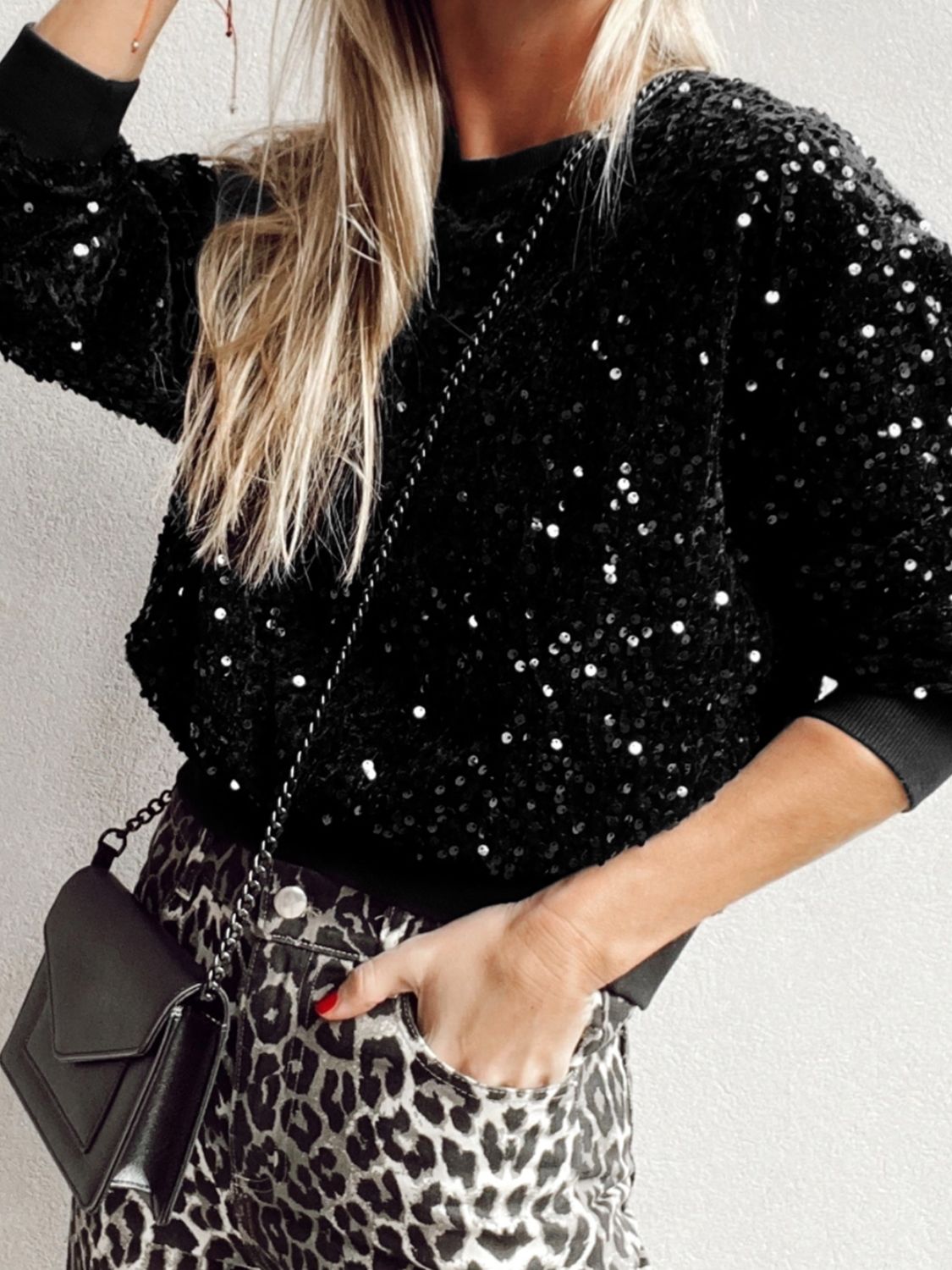 Sequin Round Neck Long Sleeve Blouse-TOPS / DRESSES-[Adult]-[Female]-2022 Online Blue Zone Planet
