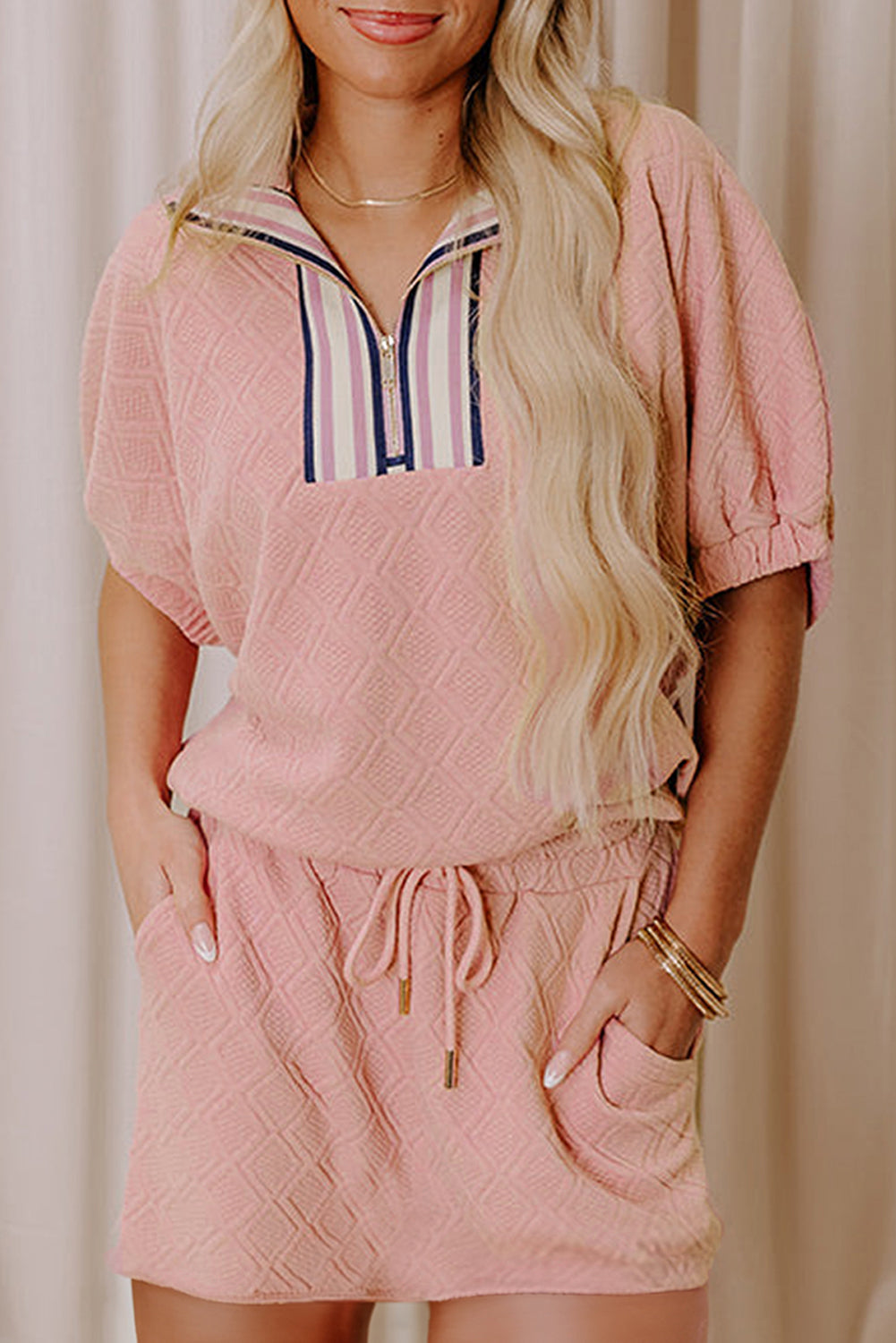 Light Pink Striped Collared Zip up Textured Skirt Set-Two Piece Sets/Two Piece Dresses-[Adult]-[Female]-Light Pink-S-2022 Online Blue Zone Planet
