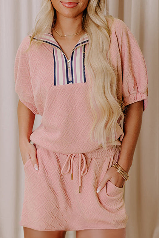 Light Pink Striped Collared Zip up Textured Skirt Set-Two Piece Sets/Two Piece Dresses-[Adult]-[Female]-Light Pink-S-2022 Online Blue Zone Planet