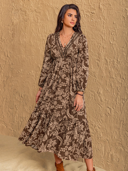 Ruched Printed V-Neck Long Sleeve Midi Dress-TOPS / DRESSES-[Adult]-[Female]-Taupe-S-2022 Online Blue Zone Planet