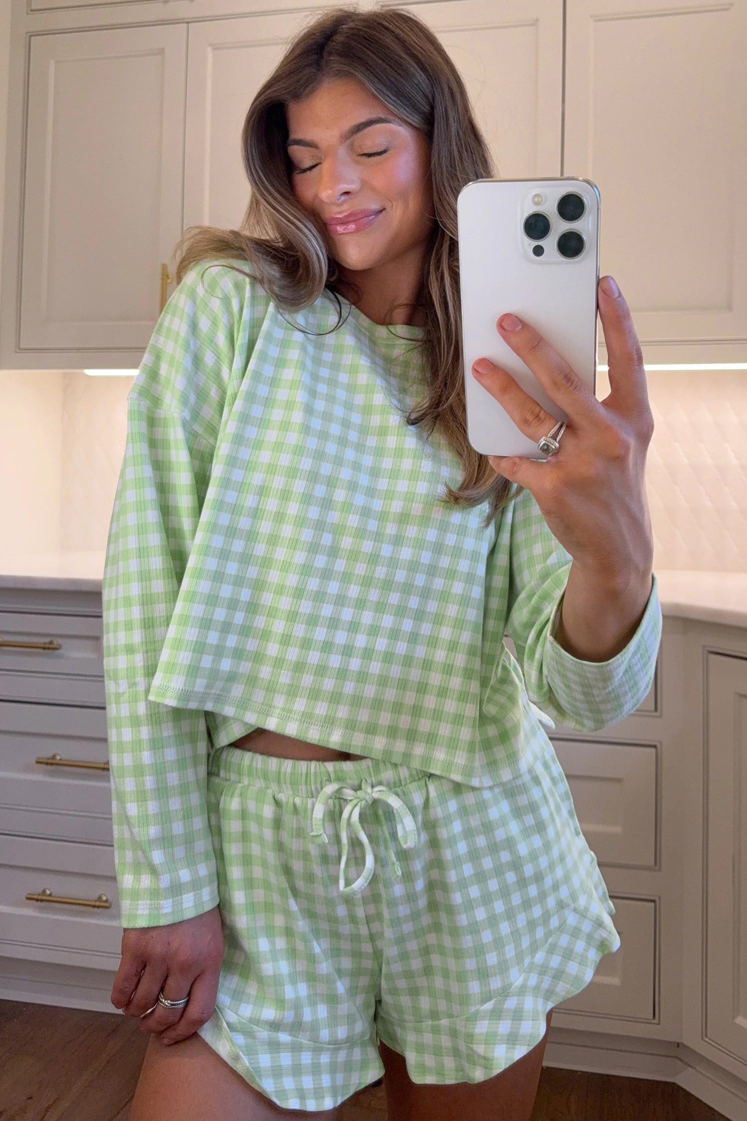 Green Gingham Long Sleeve Loose Top Drawstring Shorts 2pcs Lounge Set-Loungewear & Sleepwear/Loungewear-[Adult]-[Female]-2022 Online Blue Zone Planet