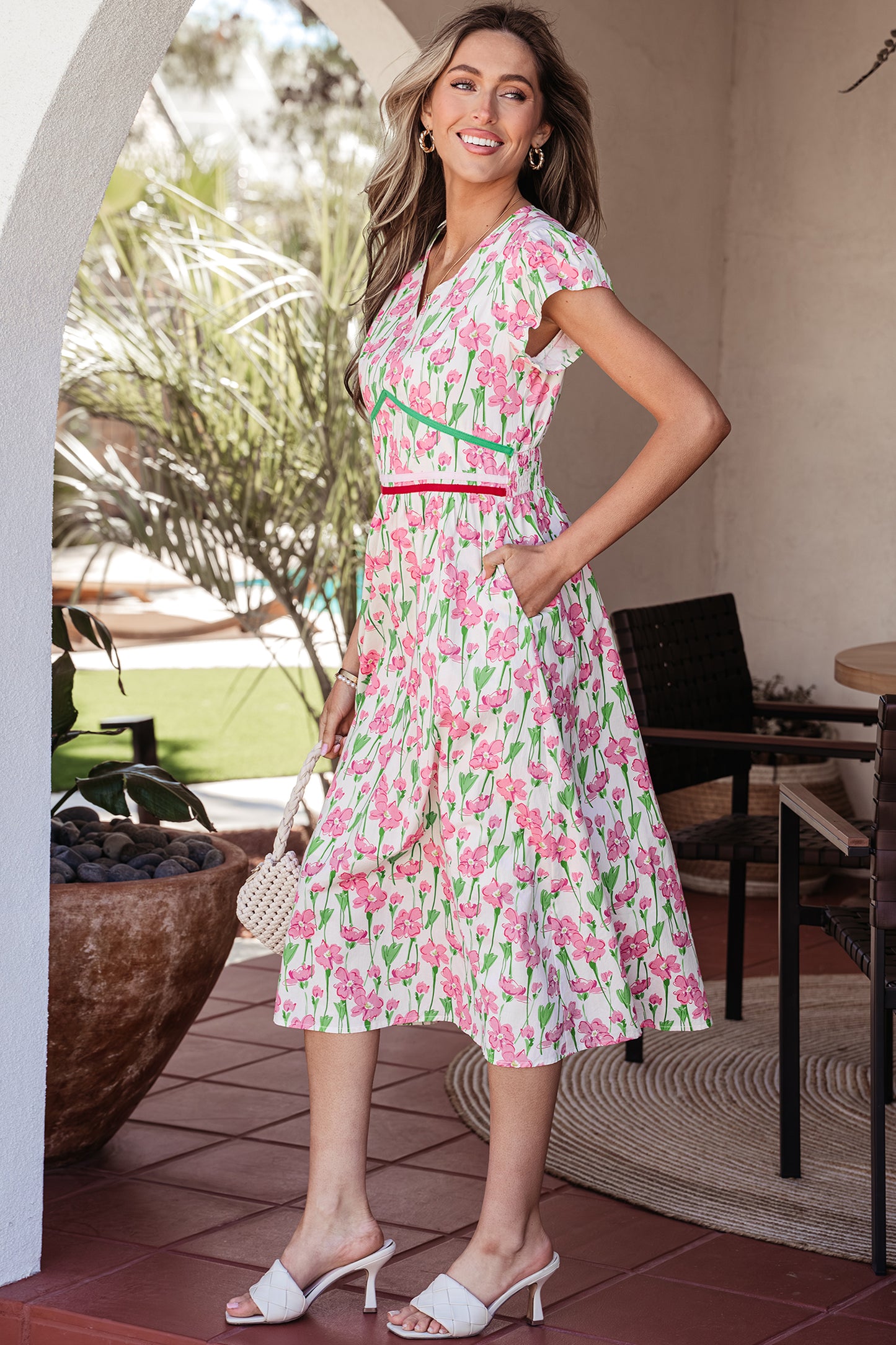 Pink Floral Print Contrast Trim V Neck Short Sleeve Elegant Midi Dress-TOPS / DRESSES-[Adult]-[Female]-2022 Online Blue Zone Planet