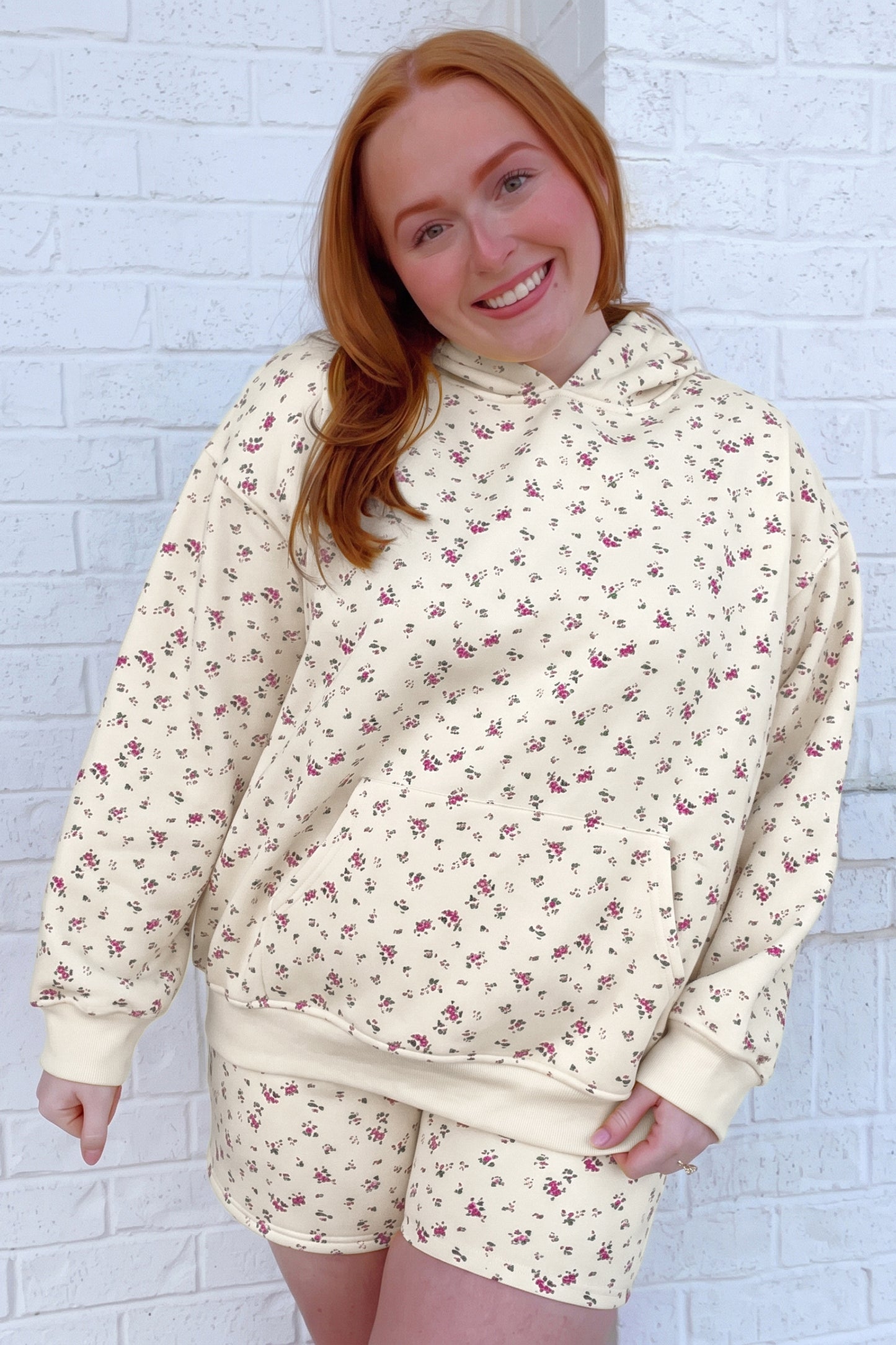 Beige Floral Print Hooded Long Sleeve Plus Size Set-Tops / Dresses-[Adult]-[Female]-2022 Online Blue Zone Planet