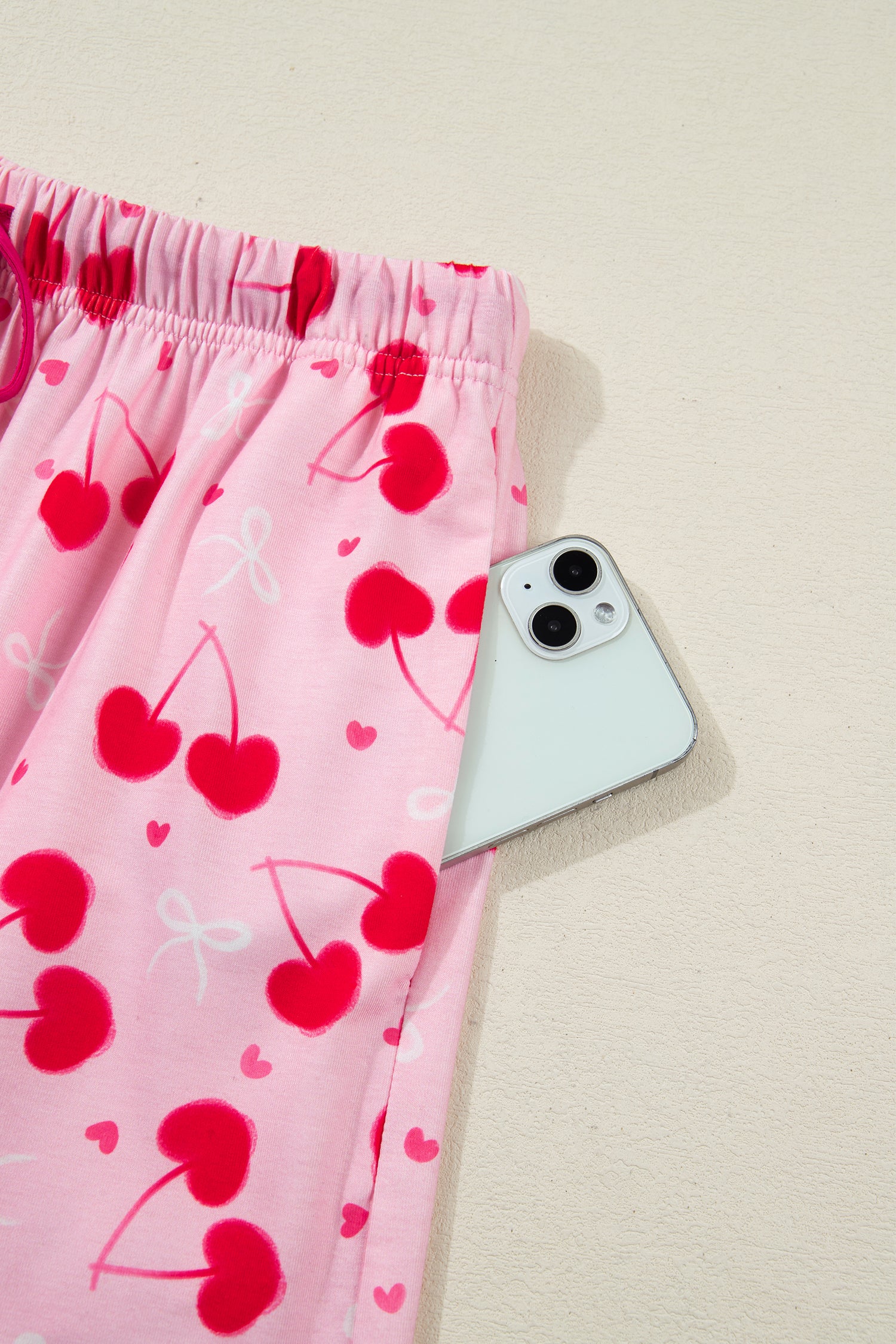 Rose Cherry Bow Mixed Print Scalloped Edge Short Pajama Set-Loungewear & Sleepwear/Loungewear-[Adult]-[Female]-2022 Online Blue Zone Planet