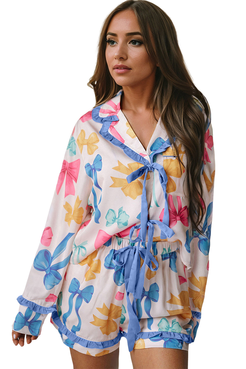 Blue Zone Planet | Sky Blue Sweet Bow Frill Trim Shirt and Shorts Pajama Set-Loungewear Set-[Adult]-[Female]-2022 Online Blue Zone Planet