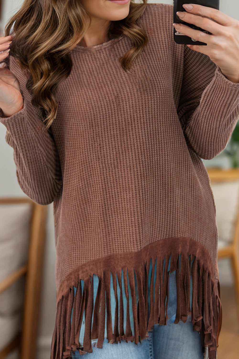 Fringe Round Neck Long Sleeve Top-TOPS / DRESSES-[Adult]-[Female]-Brown-S-2022 Online Blue Zone Planet