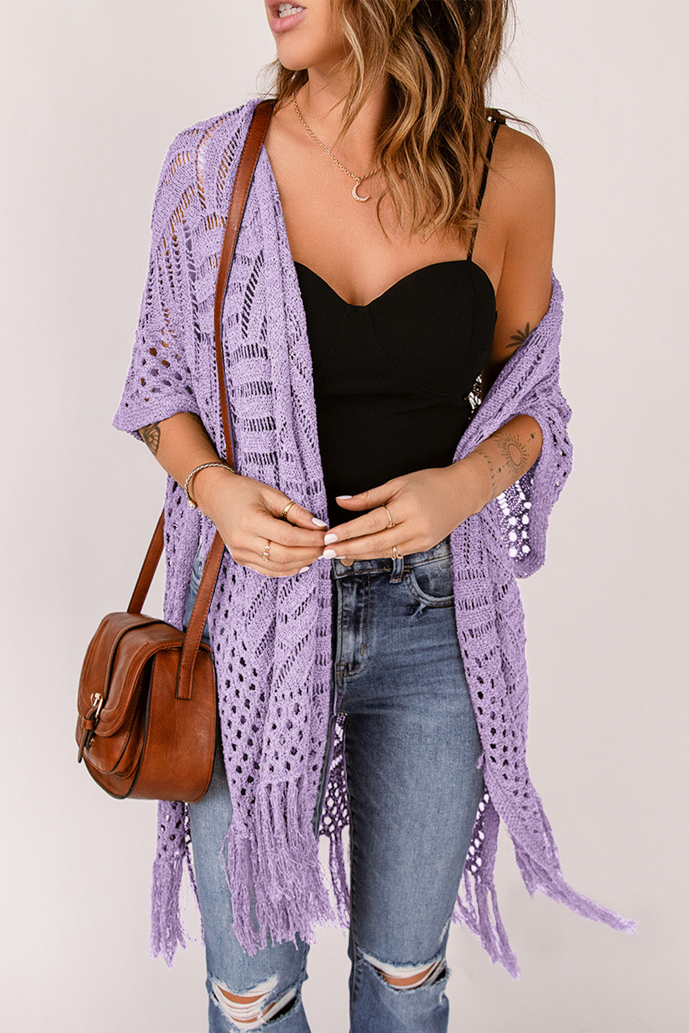 Blue Zone Planet | Openwork Open Front Cardigan with Fringes-TOPS / DRESSES-[Adult]-[Female]-Lavender-One Size-2022 Online Blue Zone Planet