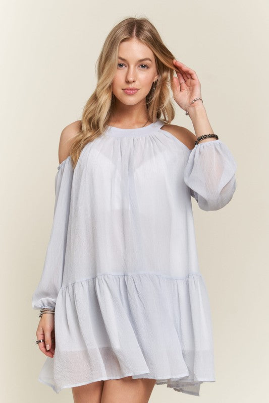 ADORA Cold Shoulder Balloon Sleeve Mini Dress-TOPS / DRESSES-[Adult]-[Female]-2022 Online Blue Zone Planet