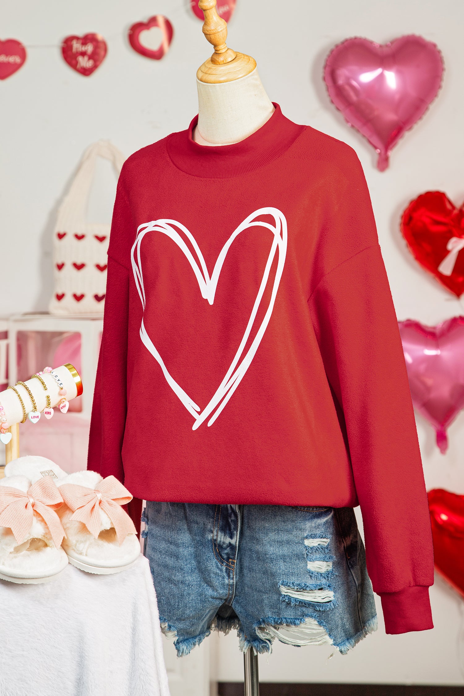 Racing Red Valentines Day Heart Love Script Reversible Printed Double Wear Mock Neck Sweatshirt-Graphic/Graphic Sweatshirts-[Adult]-[Female]-2022 Online Blue Zone Planet