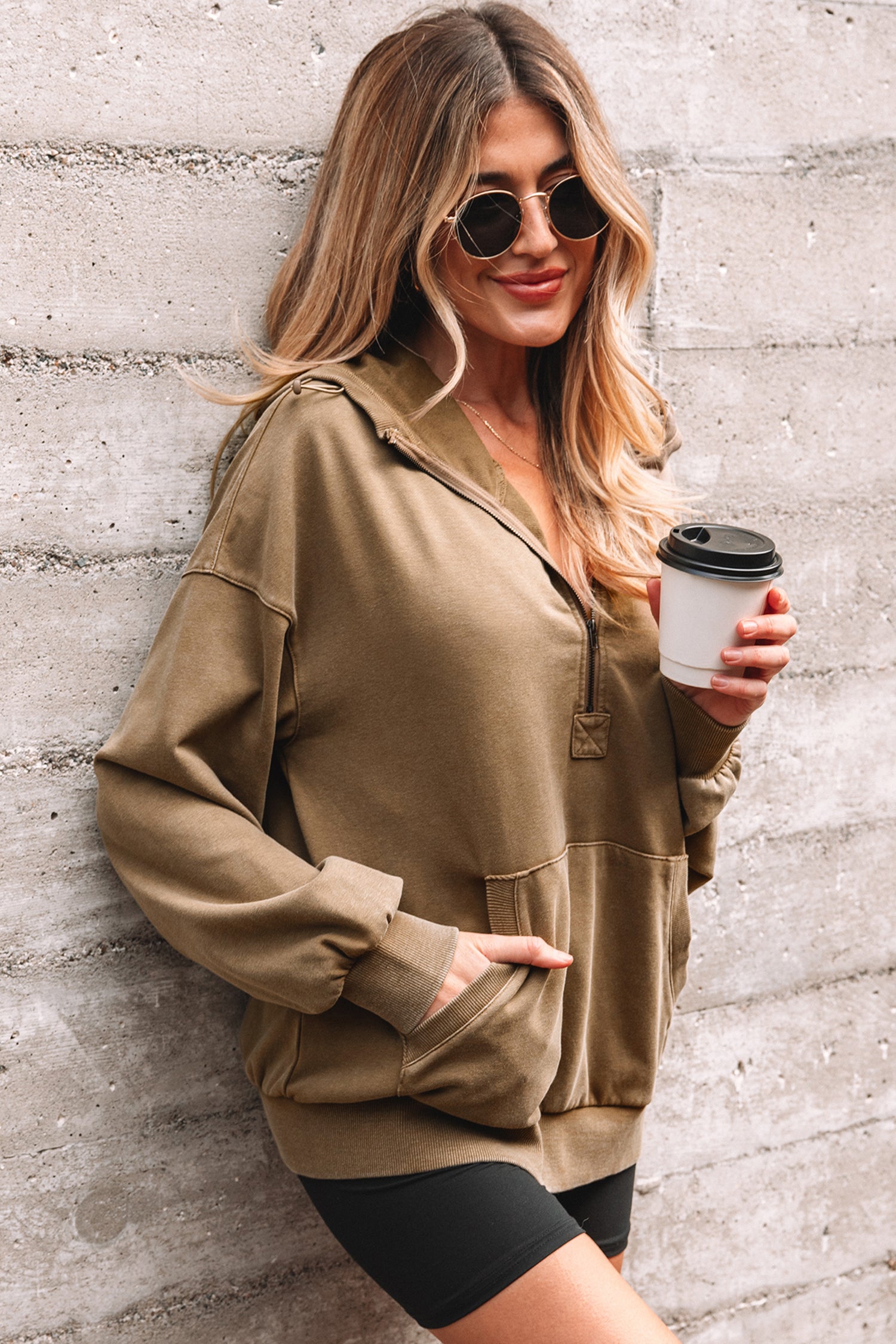 Elmwood Half Zip Kangaroo Pocket Mineral Wash Baggy Hoodie-Tops / Dresses-[Adult]-[Female]-2022 Online Blue Zone Planet