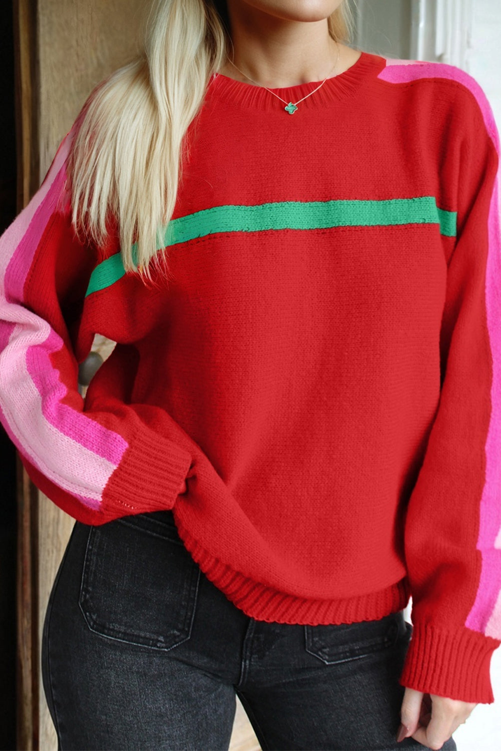 Fiery Red Christmas Holly Festive Holiday Sweater-Sweaters & Cardigans/Sweaters-[Adult]-[Female]-Fiery Red-S-2022 Online Blue Zone Planet