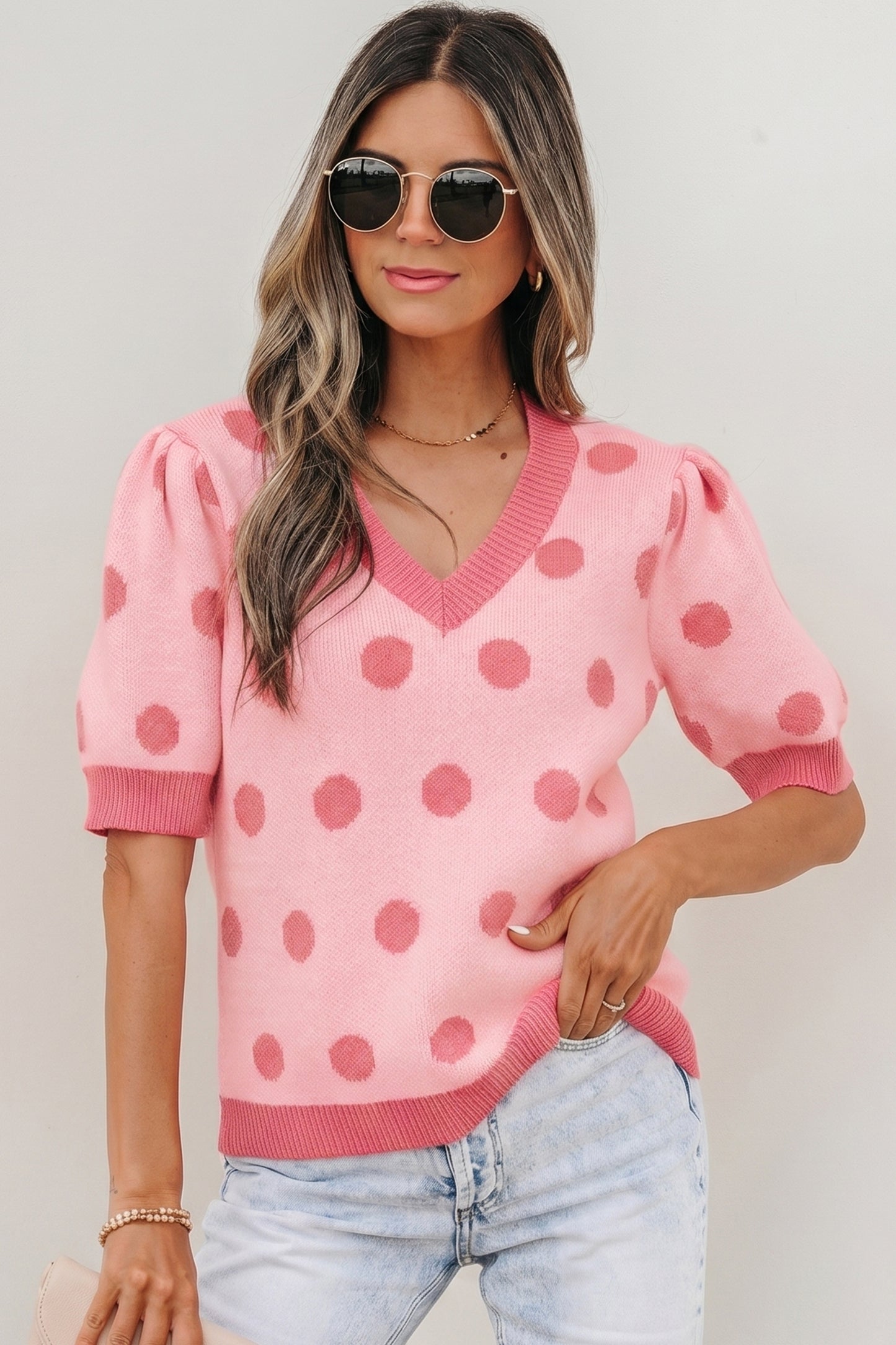 Rose Red Polka Dot Puff Short Sleeve Sweater Top-Sweaters & Cardigans/Short Sleeve Sweaters-[Adult]-[Female]-2022 Online Blue Zone Planet