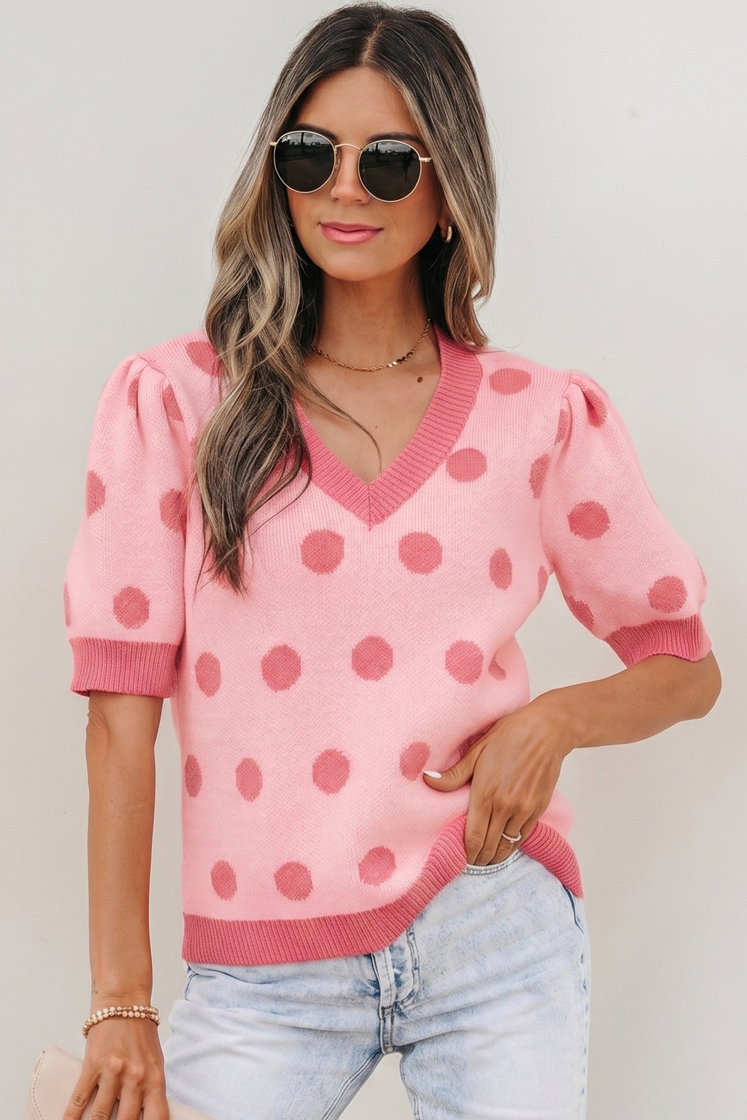 Rose Red Polka Dot Puff Short Sleeve Sweater Top-Sweaters & Cardigans/Short Sleeve Sweaters-[Adult]-[Female]-2022 Online Blue Zone Planet
