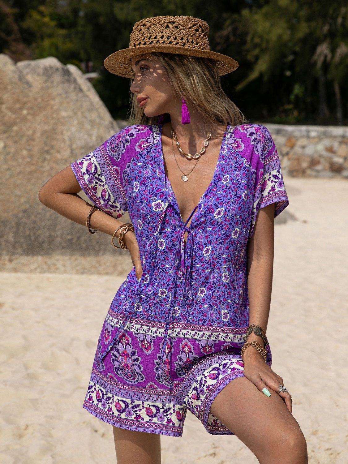 Tied Printed Short Sleeve Romper-TOPS / DRESSES-[Adult]-[Female]-2022 Online Blue Zone Planet