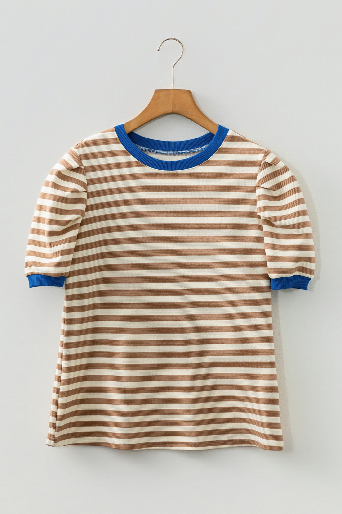 Brown Stripe Short Puff Sleeve Contrast Trim Round Neck Tee-Tops/Tops & Tees-[Adult]-[Female]-2022 Online Blue Zone Planet