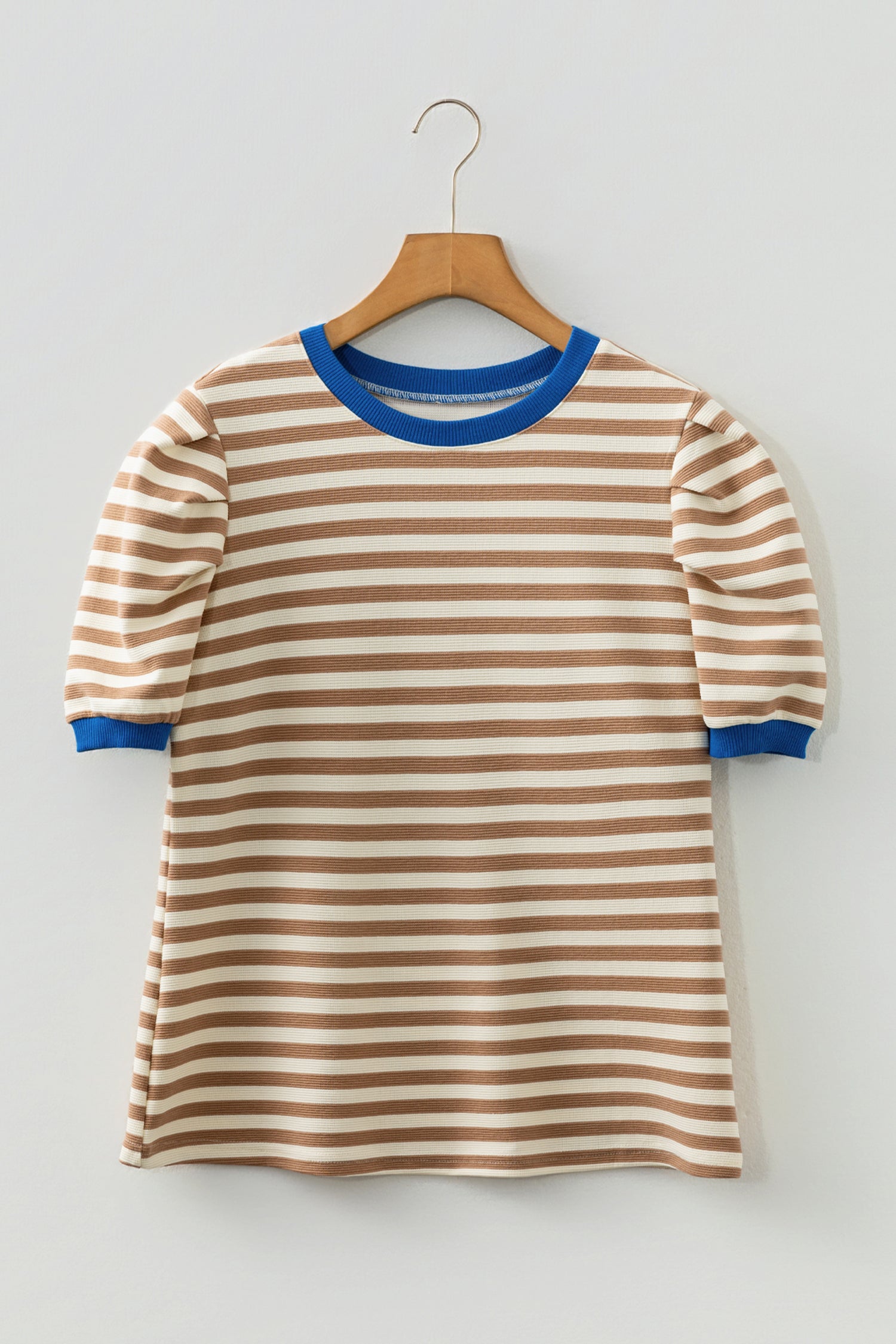 Brown Stripe Short Puff Sleeve Contrast Trim Round Neck Tee-Tops/Tops & Tees-[Adult]-[Female]-2022 Online Blue Zone Planet