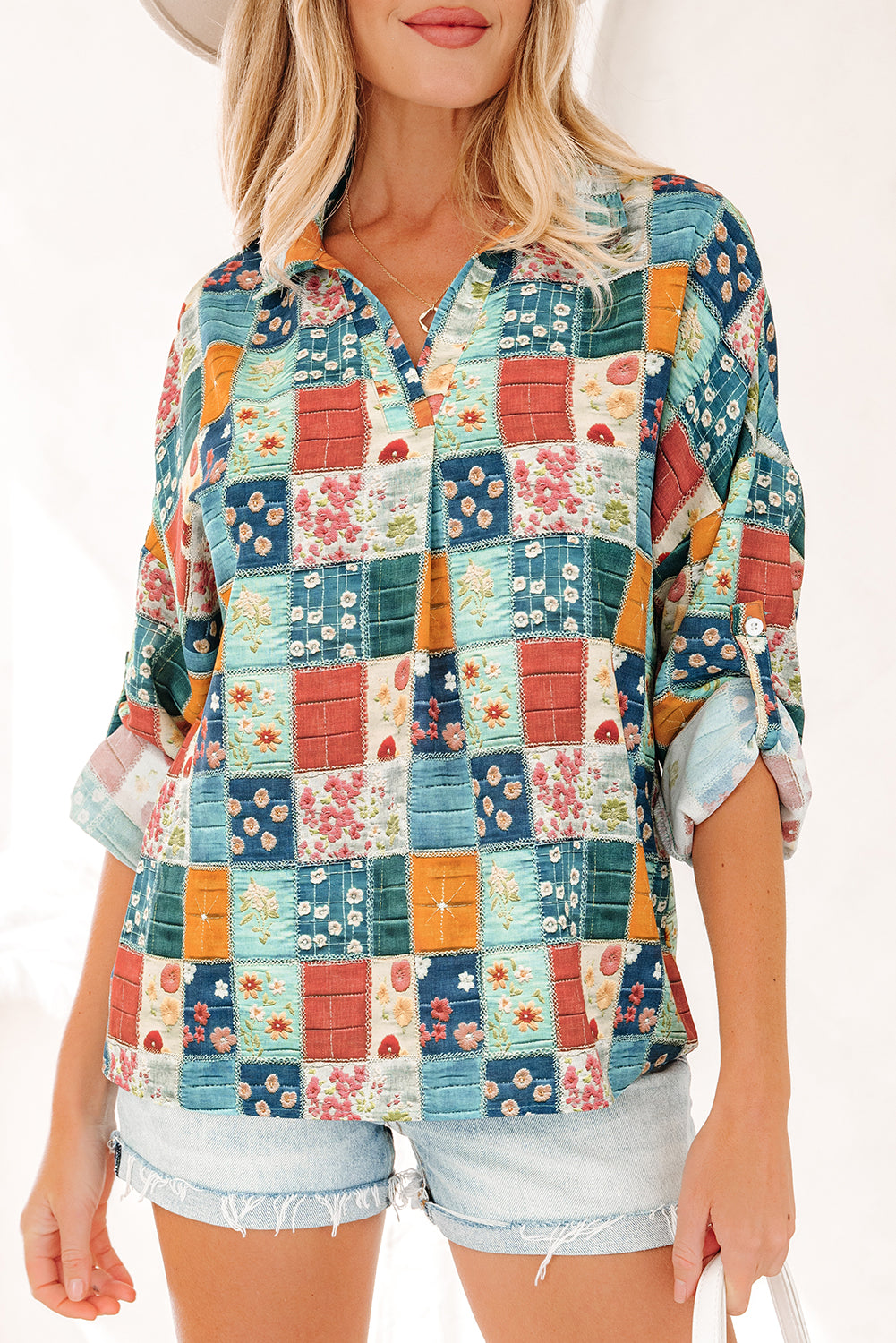 Sky Blue Floral Collared V Neck Roll up Sleeve Shift Blouse-Tops/Blouses & Shirts-[Adult]-[Female]-2022 Online Blue Zone Planet