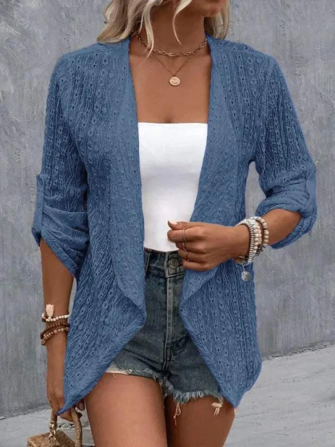 Eyelet Roll-Tab Sleeve Cardigan-TOPS / DRESSES-[Adult]-[Female]-Dusty Blue-S-2022 Online Blue Zone Planet