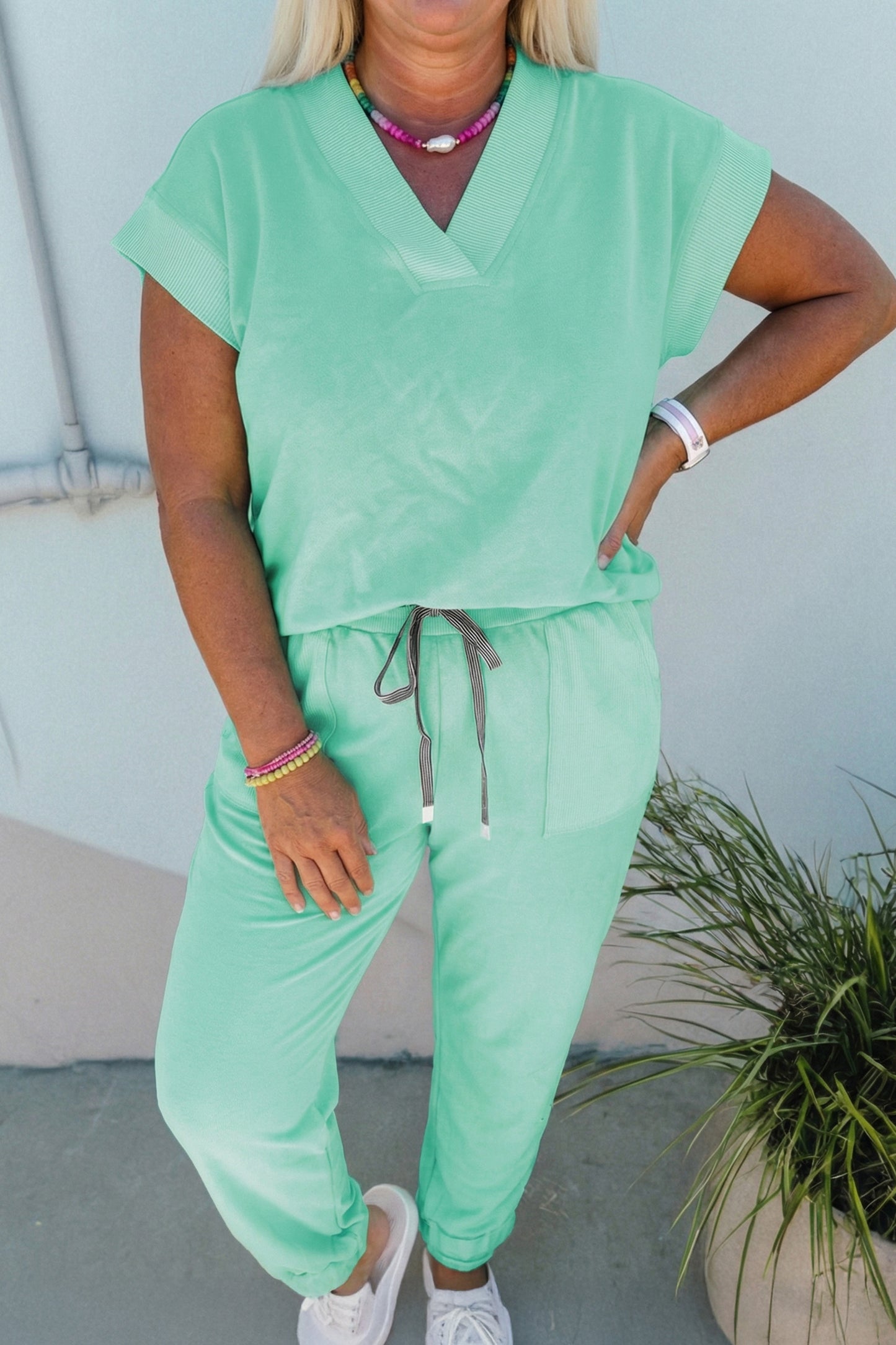 Bonbon Solid V-Neck Tee and Drawstring Plus Size Pants Set-Plus Size/Plus Size Loungewear-[Adult]-[Female]-Mint Green-1X-2022 Online Blue Zone Planet