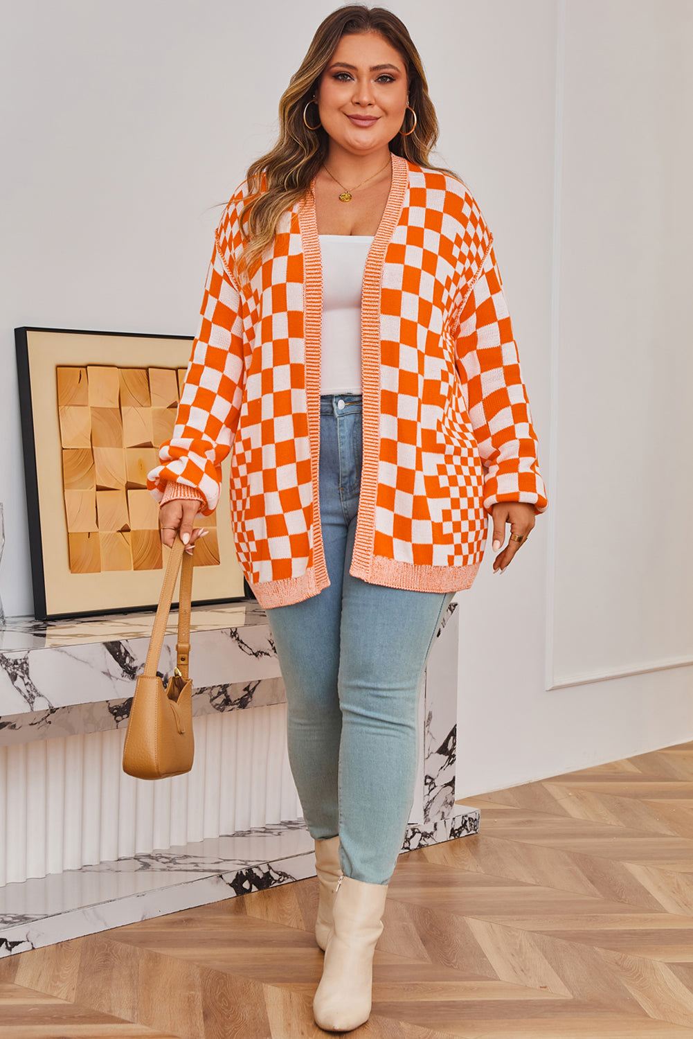 Orange Checkered Bubble Sleeve Drop Shoulder Open Cardigan-Plus Size/Plus Size Sweaters & Cardigans-[Adult]-[Female]-2022 Online Blue Zone Planet