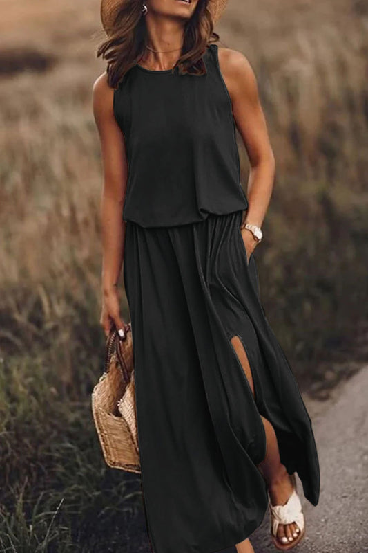 Black Solid Sleeveless Tunic Maxi Dress with Split-Dresses/Maxi Dresses-[Adult]-[Female]-Black-S-2022 Online Blue Zone Planet
