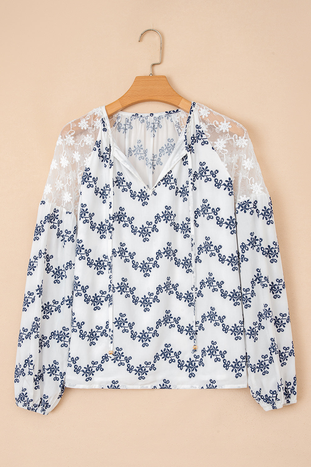 Blue Lace Patchwork Floral Bubble Sleeve V Split Neck Blouse-Tops/Blouses & Shirts-[Adult]-[Female]-2022 Online Blue Zone Planet