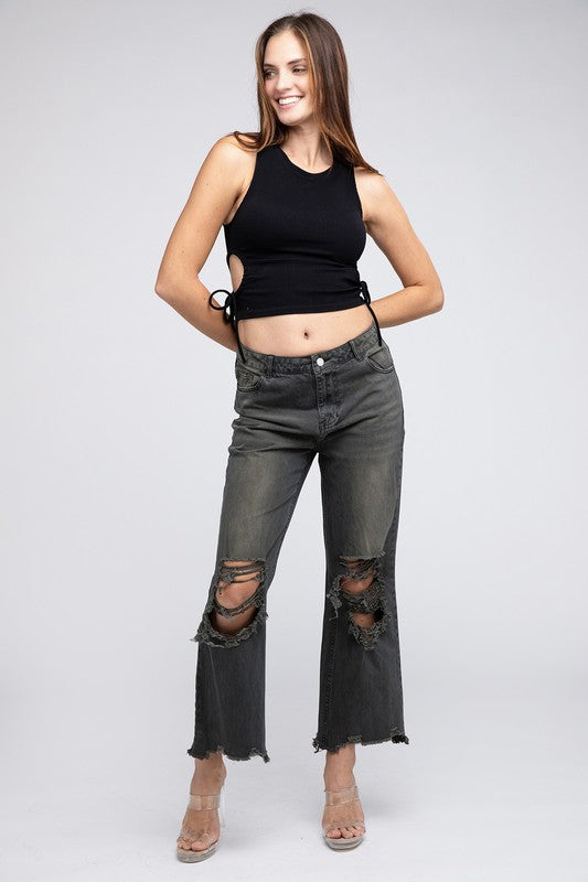 Distressed Vintage Washed Wide Leg Pants-[Adult]-[Female]-2022 Online Blue Zone Planet