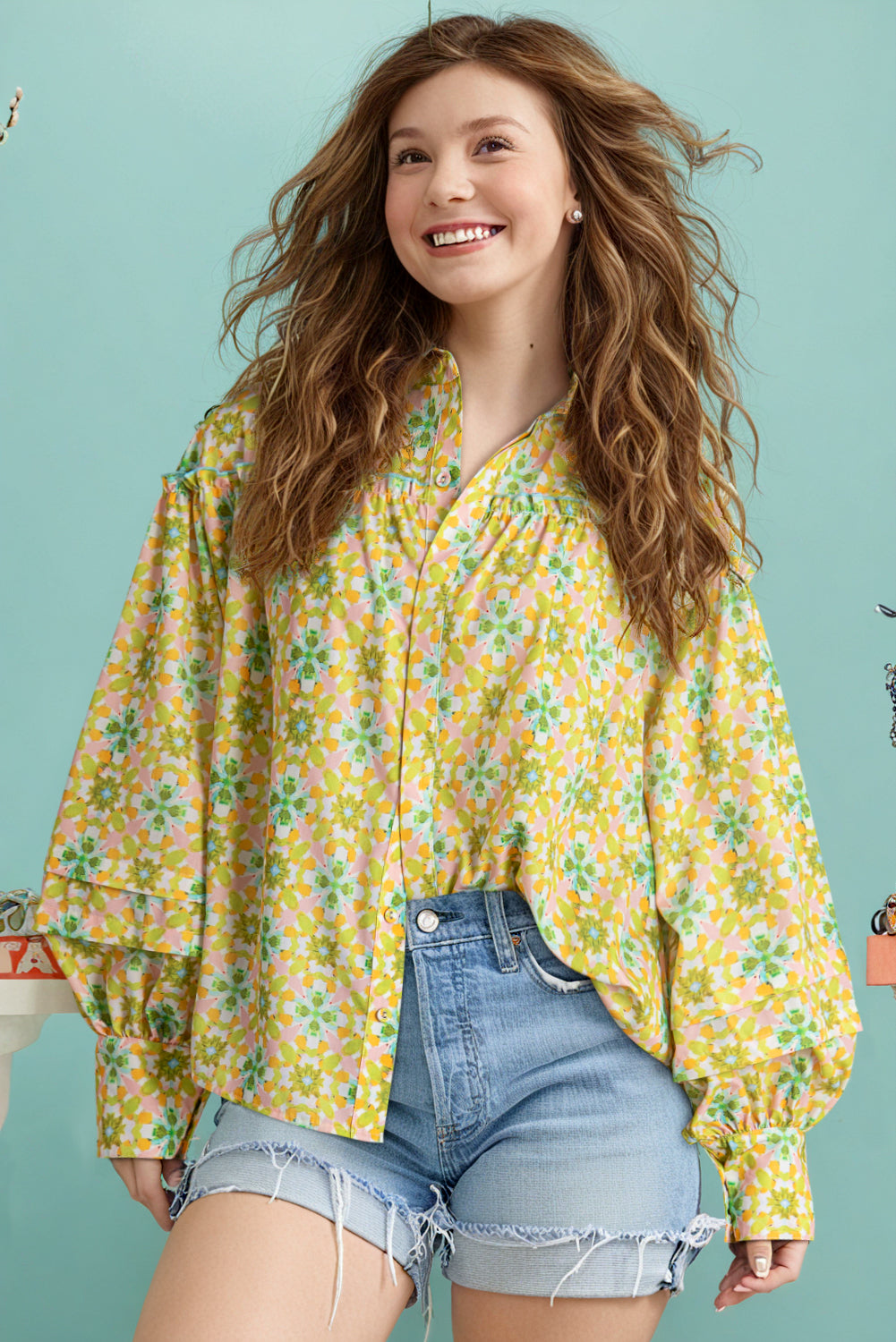 Blue Zone Planet |  Green Boho Floral Print Frilly Detail Puff Sleeve Shirt