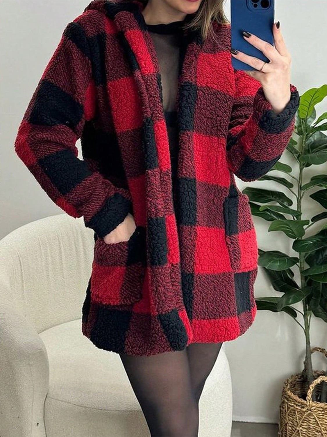 Devine Fuzzy Plaid Open Front Hooded Jacket-TOPS / DRESSES-[Adult]-[Female]-Scarlet-S-2022 Online Blue Zone Planet