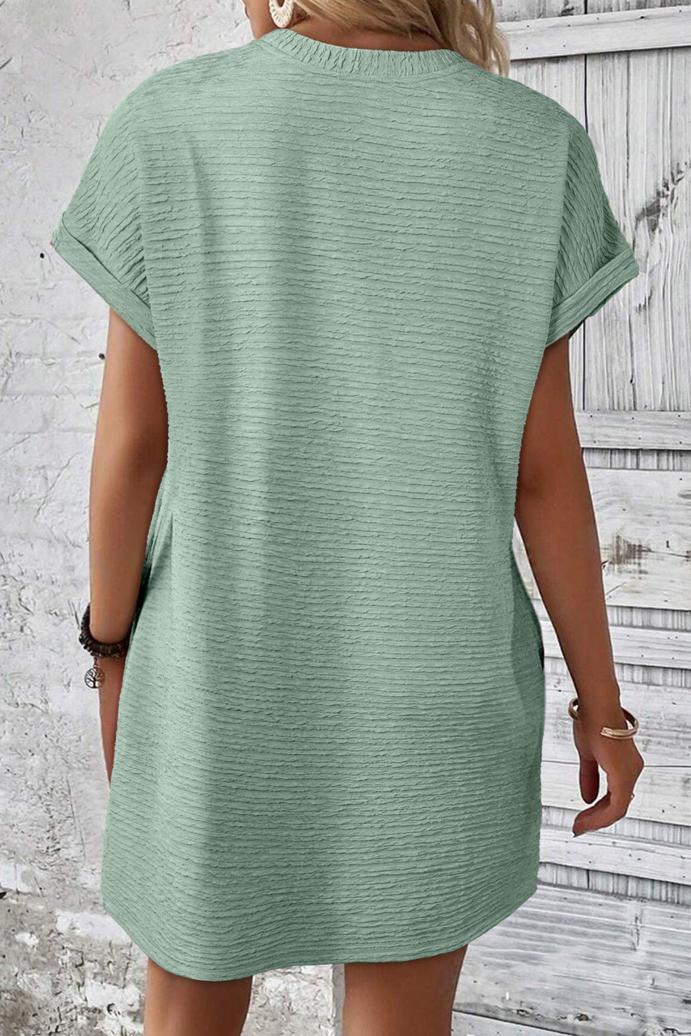 Grass Green Solid Color Textured Crinkle Short Sleeve T Shirt Dress-Dresses/T Shirt Dresses-[Adult]-[Female]-2022 Online Blue Zone Planet