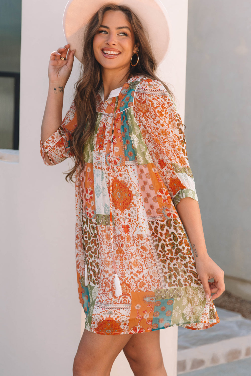 Blue Zone Planet | Orange Boho Paisley Mixed Print 3/4 Sleeve Chiffon Loose Dress-TOPS / DRESSES-[Adult]-[Female]-2022 Online Blue Zone Planet