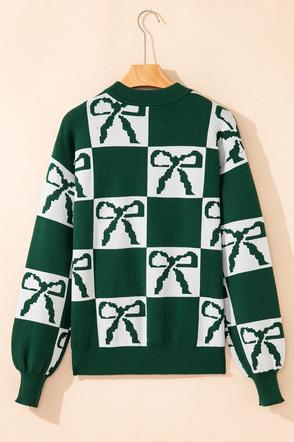 Blackish Green Checkered Bow Print Casual Sweater-TOPS / DRESSES-[Adult]-[Female]-2022 Online Blue Zone Planet