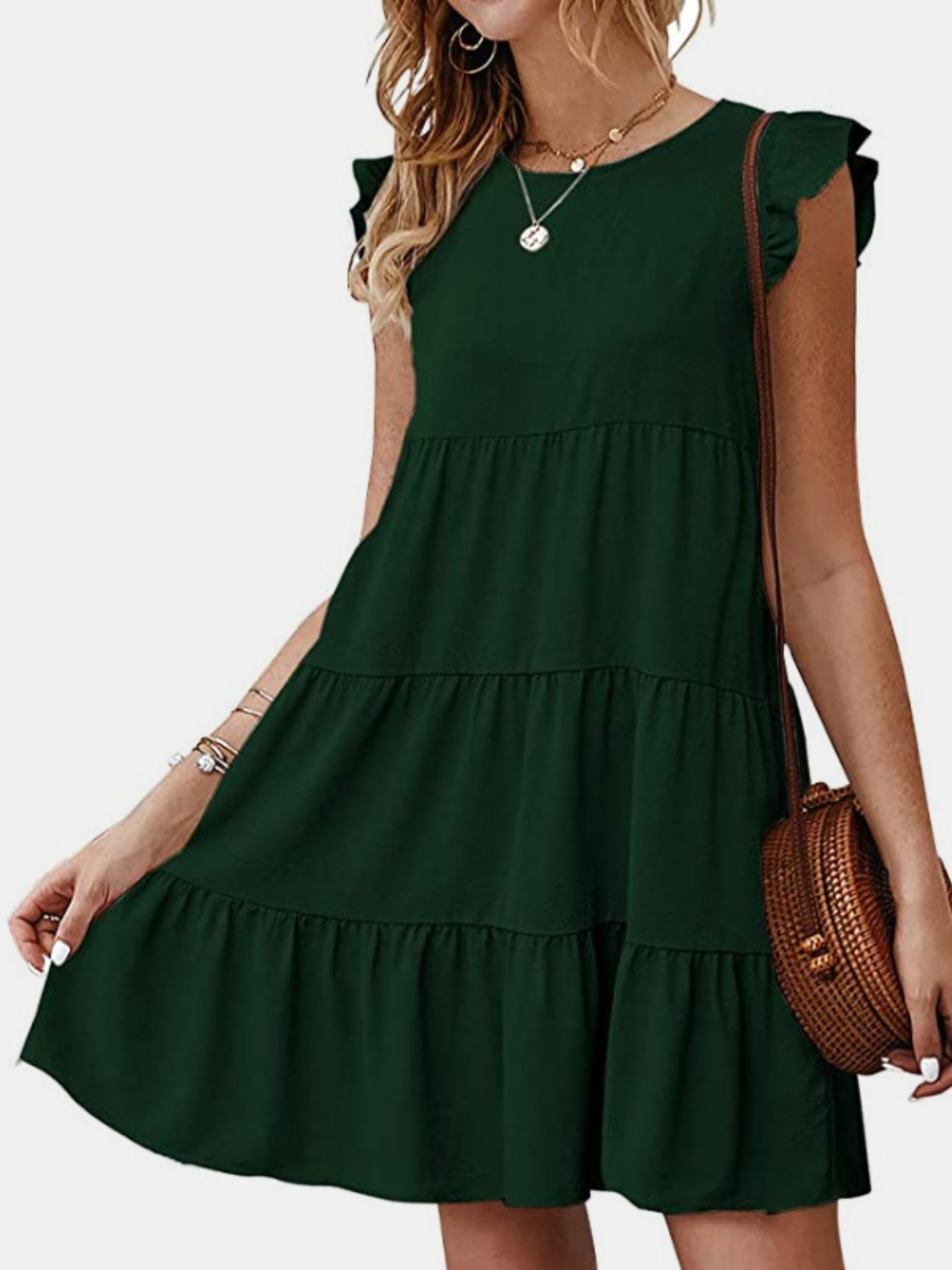 Ruffled Round Neck Cap Sleeve Mini Dress-TOPS / DRESSES-[Adult]-[Female]-Dark Green-S-2022 Online Blue Zone Planet