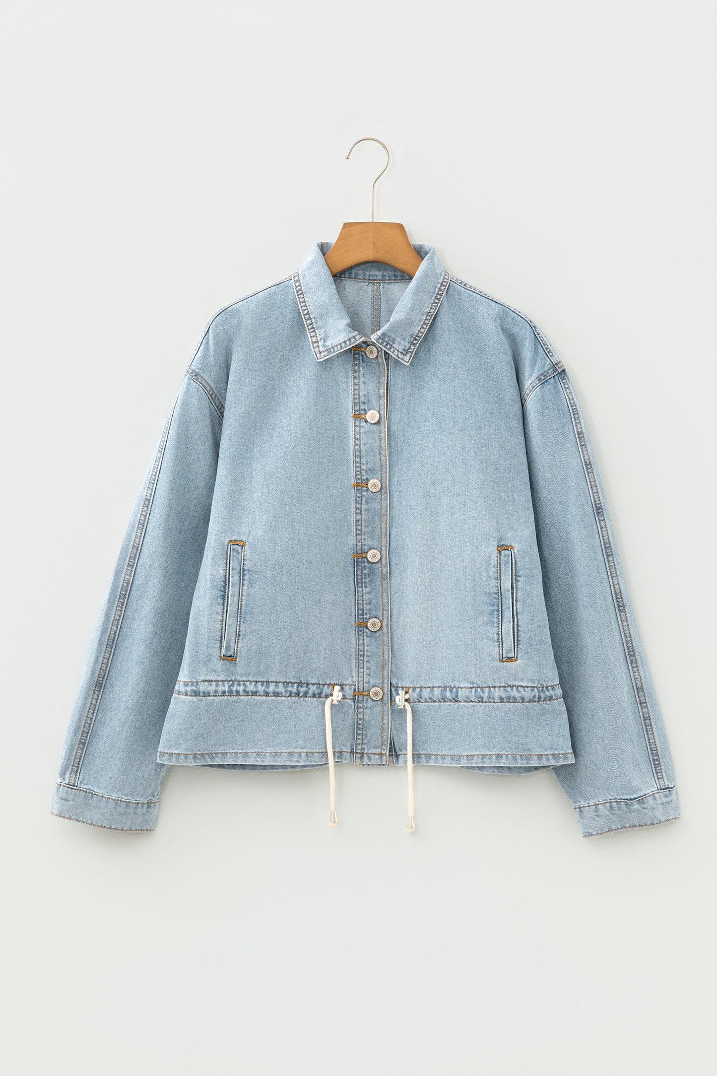 Beau Blue Draw-cord Hem Light Wash Denim Jacket-Outerwear/Jackets-[Adult]-[Female]-2022 Online Blue Zone Planet