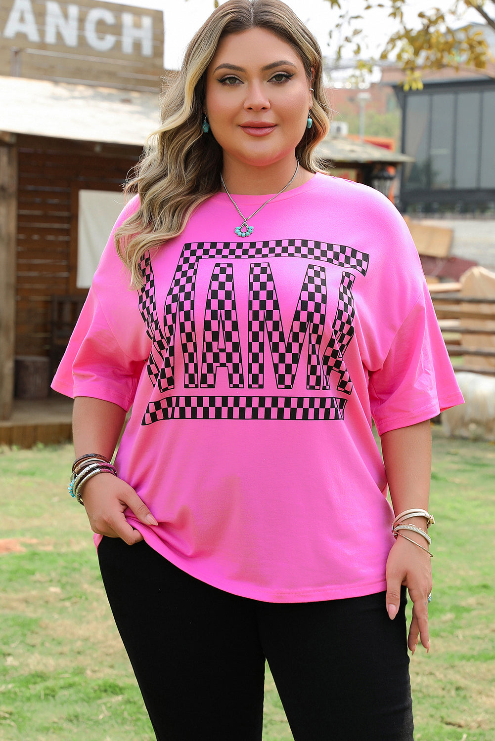 Bright Pink Checker Mama Letter Printed Graphic Plus Size T Shirt-Plus Size/Plus Size Tops/Plus Size Tops & Tees-[Adult]-[Female]-2022 Online Blue Zone Planet
