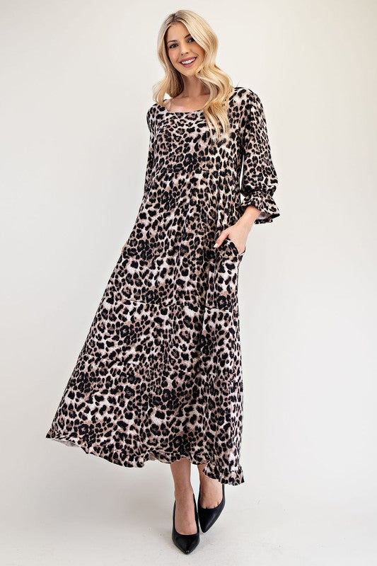 Celeste Full Size Leopard Round Neck Flounce Sleeve Dress-TOPS / DRESSES-[Adult]-[Female]-Brown-S-2022 Online Blue Zone Planet