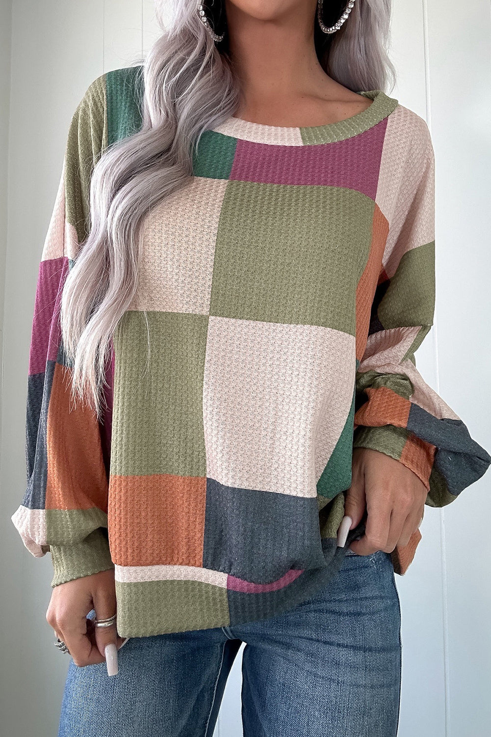 Green Checkered Print Textured Knit Long Sleeve Loose Top-Tops/Long Sleeve Tops-[Adult]-[Female]-Green-S-2022 Online Blue Zone Planet