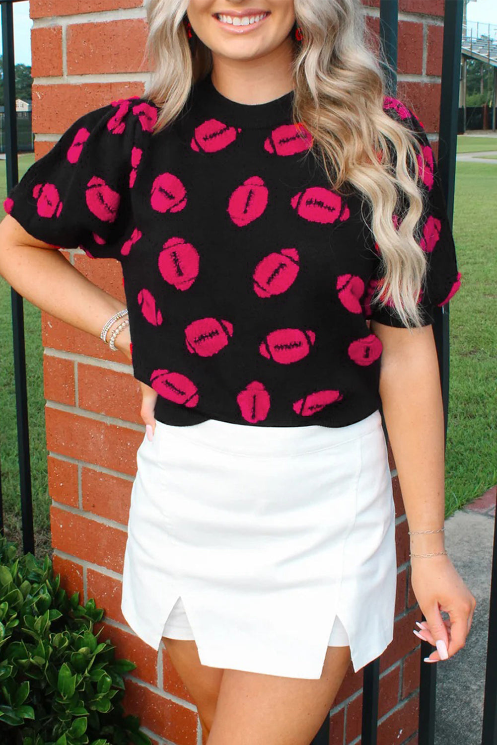 Black Rugby Print Casual Knit Short Sleeve Sweater-TOPS / DRESSES-[Adult]-[Female]-Black-S-2022 Online Blue Zone Planet