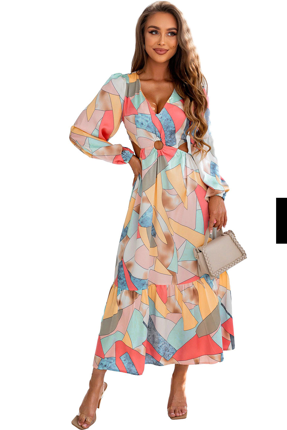 Blue Zone Planet | Multicolor Abstract Print O-ring Cut out Long Sleeve Maxi Dress-TOPS / DRESSES-[Adult]-[Female]-2022 Online Blue Zone Planet