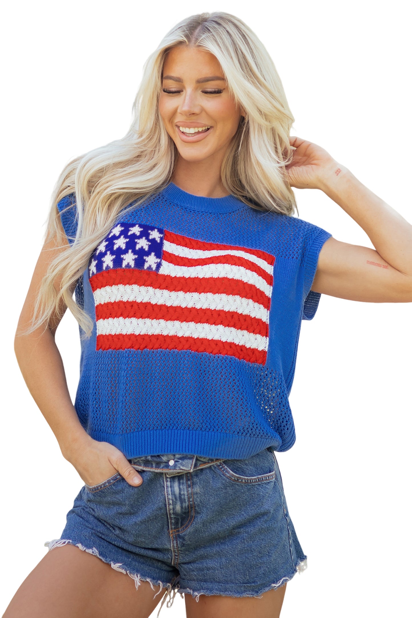 Sky Blue Flag Graphic Short Sleeve Sweater Top-TOPS / DRESSES-[Adult]-[Female]-2022 Online Blue Zone Planet