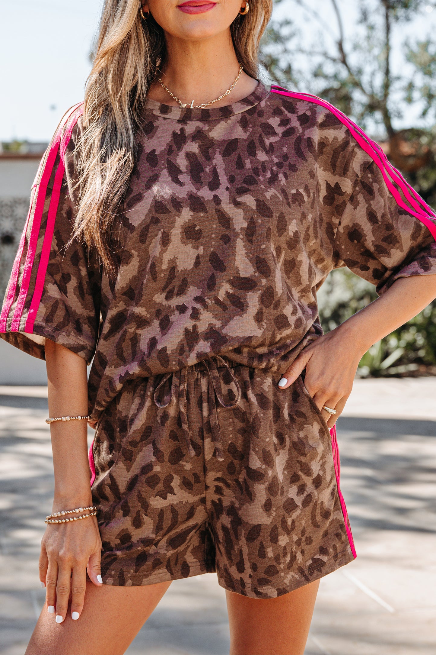 Brown Contrast Striped Accent Leopard Short Set-Two Piece Sets/Short Sets-[Adult]-[Female]-2022 Online Blue Zone Planet