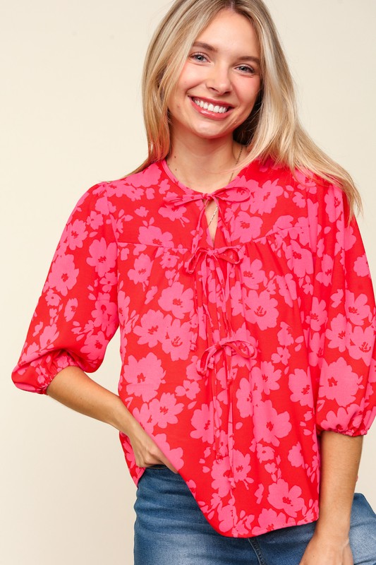 Blue Zone Planet | Haptics Full Size Ribbon Bow Floral Balloon Sleeve Blouse-TOPS / DRESSES-[Adult]-[Female]-2022 Online Blue Zone Planet